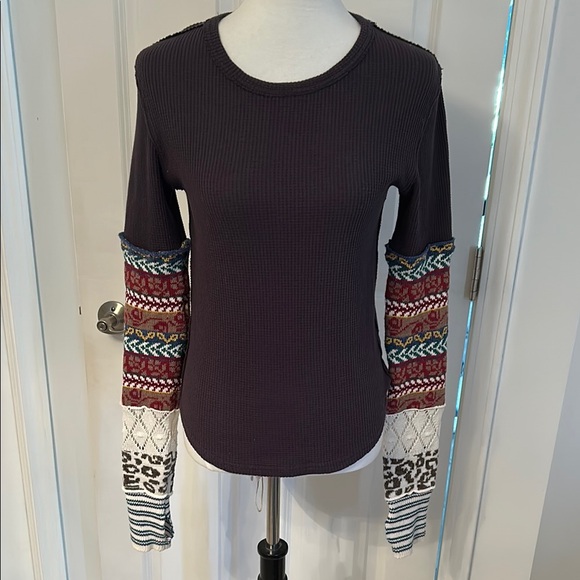We The Free Tops - Free People Washed Black Colorful Sleeve Henley Long Sleeve Shirt